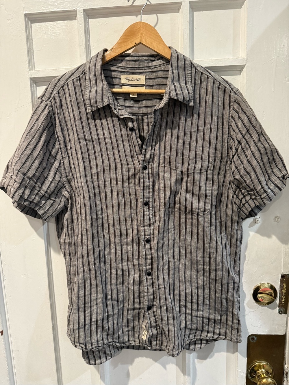 Madewell Gray and Black Striped Linen Short-Sleeve Button-Up
